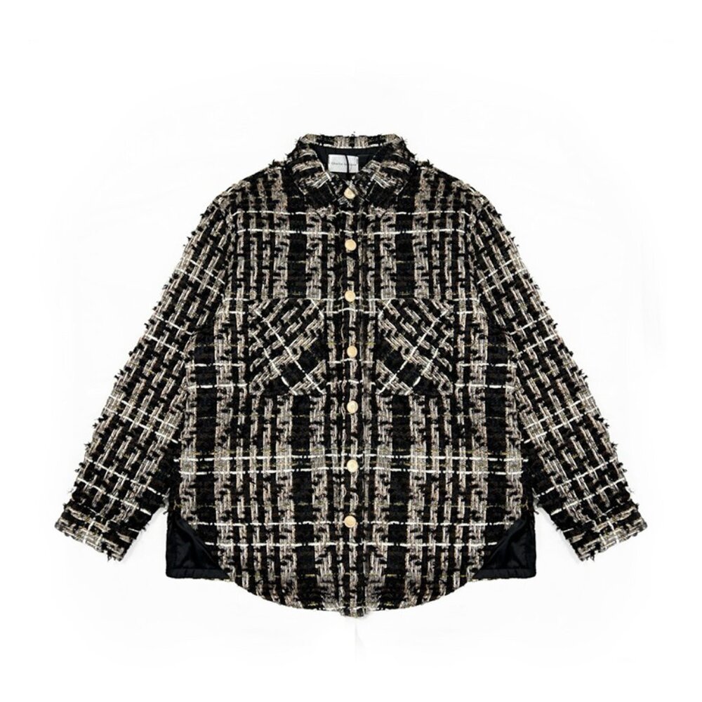 Charlie Luciano Woven Plaid Shirt Jacket Black Gold